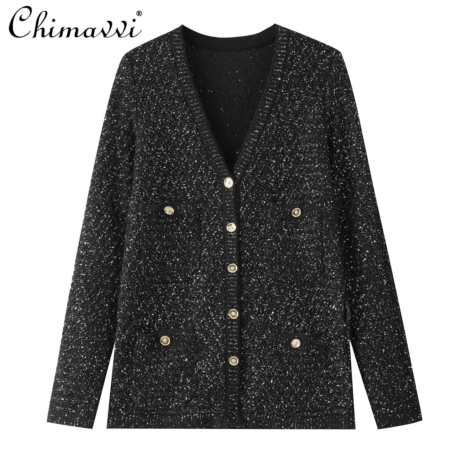 Autumn Winter New French Fashion Socialite V-Neck Gold Thread Sequin Lace Pocket Sweater Women's High-End OL Mid-Length Cardigan
Autumn Winter New French Fashion Socialite V-Neck Gold Thread Sequin Lace Pocket Sweater Women's High-End OL Mid-Length Cardigan