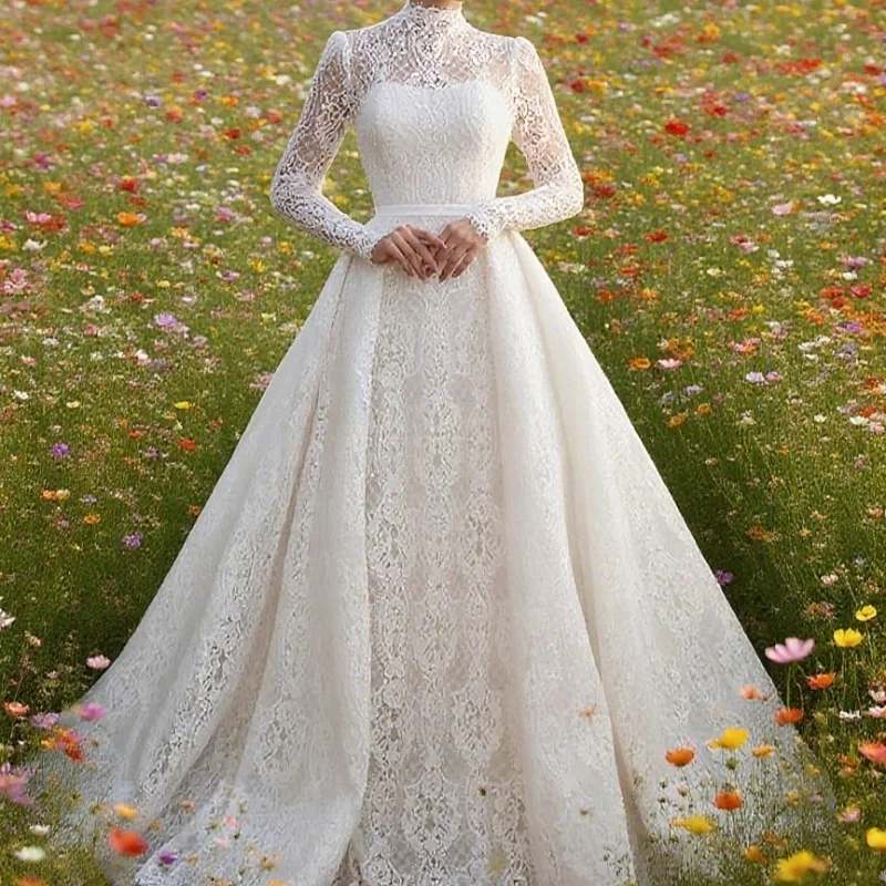 Embroidered Lace With A-Line Ballgown High-Neck Fullsleeve Customized Bridedress Button Vestido Exquisite Wedding Dress
Embroidered Lace With A-Line Ballgown High-Neck Fullsleeve Customized Bridedress Button Vestido Exquisite Wedding Dress