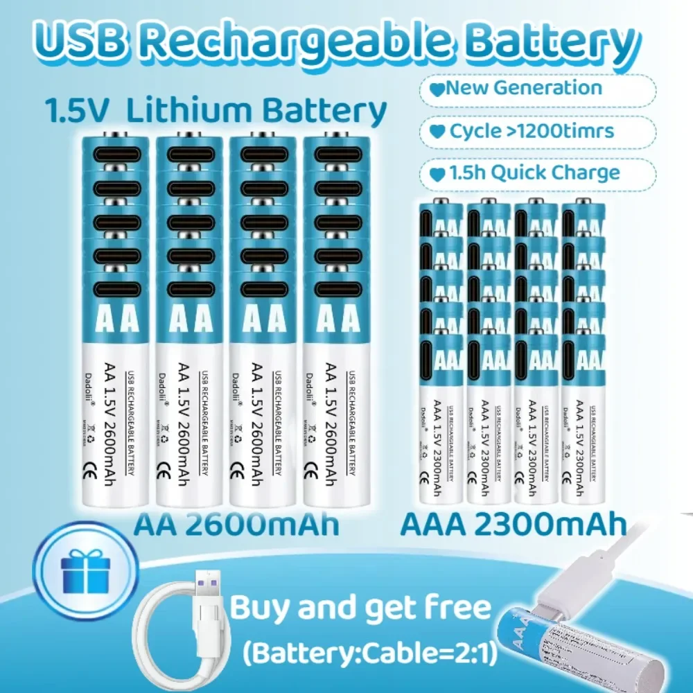AA /AAA 1.5V Rechargeable Battery 2300mAh/2600mAh Lithium-Ion Battery USB Fast Charging AA Batteries for Flashlight/Toys/Camera 
AA /AAA 1.5V Rechargeable Battery 2300mAh/2600mAh Lithium-Ion Battery USB Fast Charging AA Batteries for Flashlight/Toys/Camera