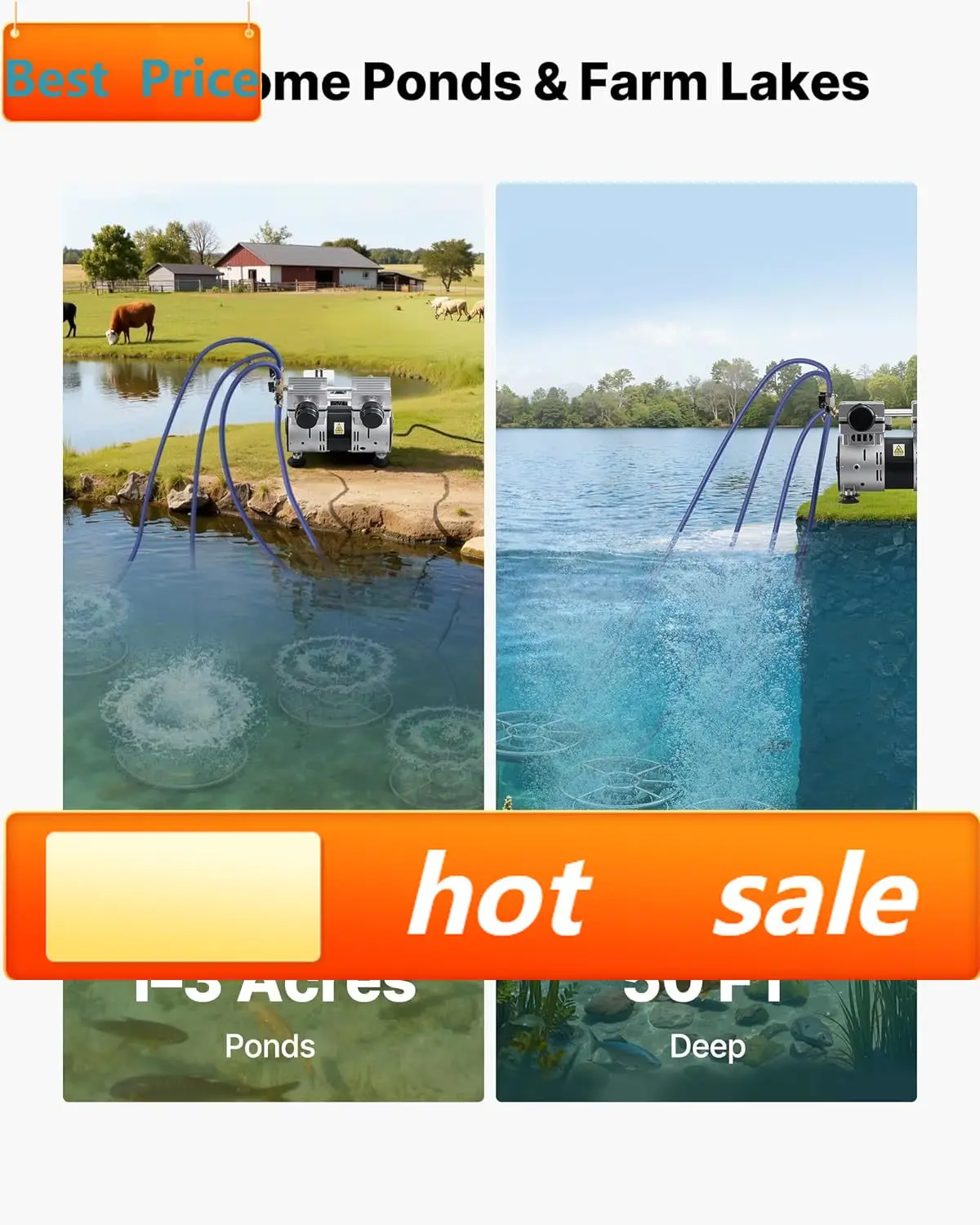 Pond Aerators, 6.7CFM Aeration System for Lakes up to 3 Acres, 1 HP Air Compressor, 4 Diffusers & Four 100' Weighted Tubing, Out
Pond Aerators, 6.7CFM Aeration System for Lakes up to 3 Acres, 1 HP Air Compressor, 4 Diffusers & Four 100' Weighted Tubing, Out