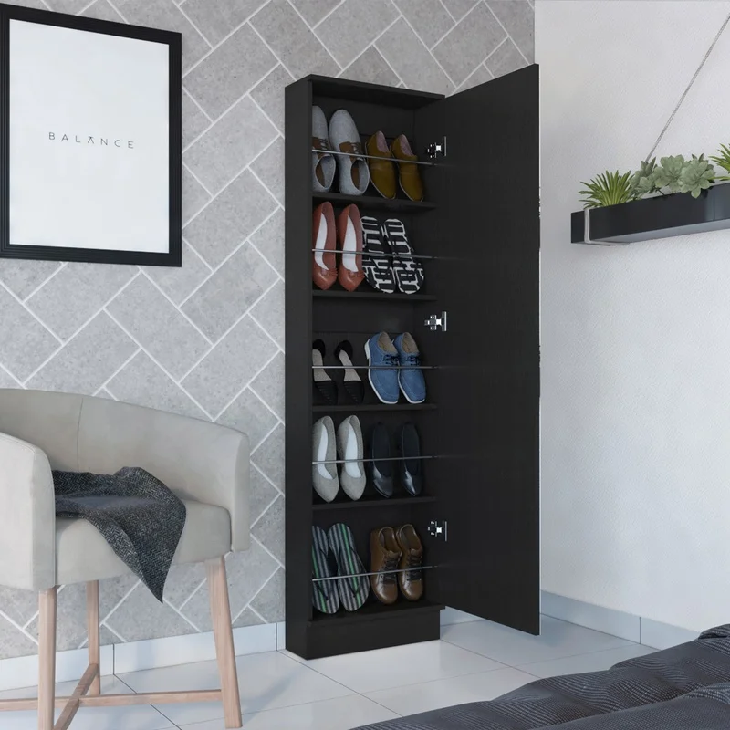 Black Wenge Finish Shoe Rack with Mirror and Five Shelves, Single Door Cabinet
Black Wenge Finish Shoe Rack with Mirror and Five Shelves, Single Door Cabinet