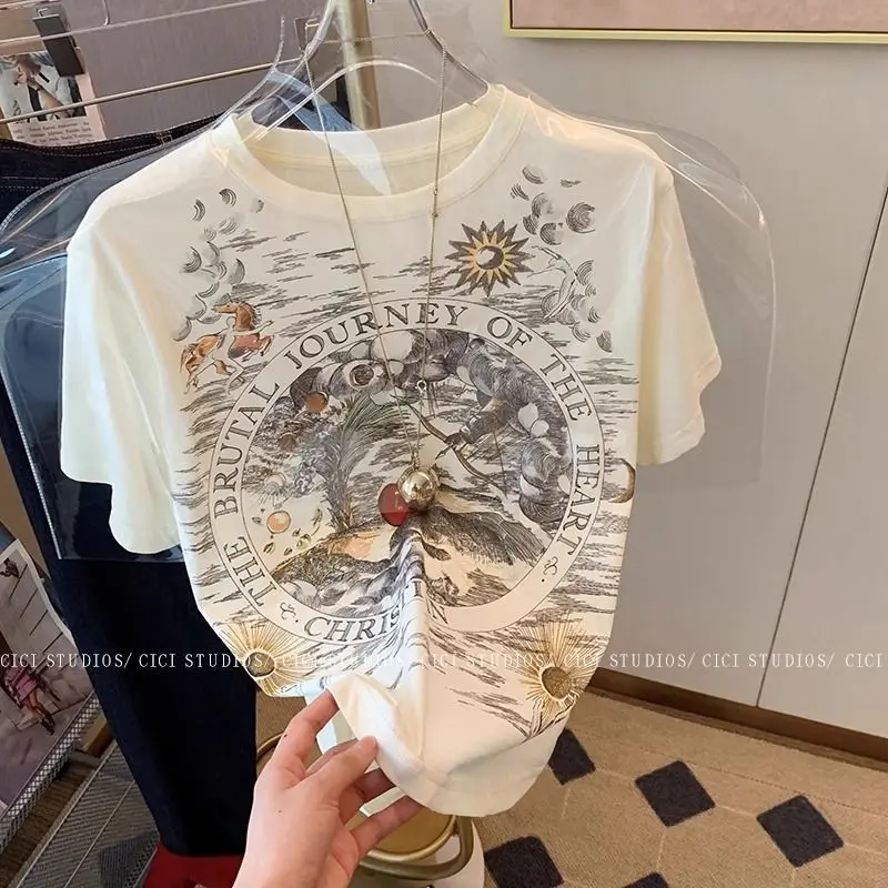 Women Clothing Short Sleeve Chic Printed T-shirt Summer O-neck Slim Elasticity Vintage Tops Casual Pullovers 92%cotton 8%spandex
Women Clothing Short Sleeve Chic Printed T-shirt Summer O-neck Slim Elasticity Vintage Tops Casual Pullovers 92%cotton 8%spandex