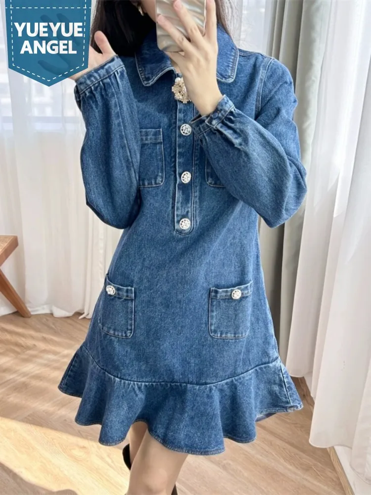 Elegant Women Autumn Ruffles Mini Denim Dress Preppy Style Lapel Collar Beading Brooch Buttons Ladies Slim Fit Casual Dresses
Elegant Women Autumn Ruffles Mini Denim Dress Preppy Style Lapel Collar Beading Brooch Buttons Ladies Slim Fit Casual Dresses