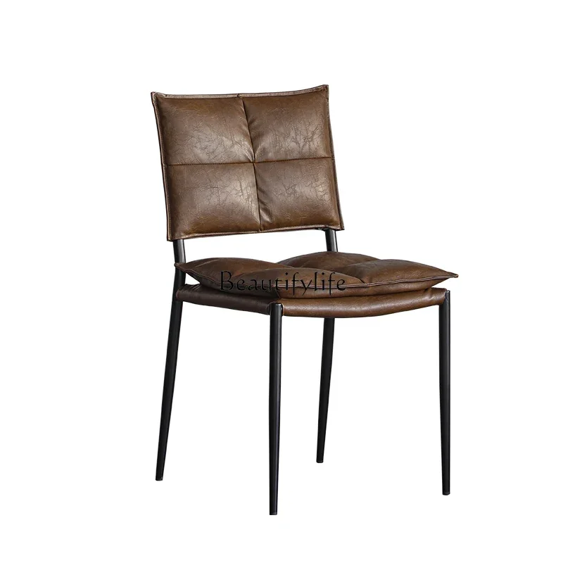 yj21 American leather soft bag backrest dining chair high sense creative metal comfortable retro leisure chair 
yj21 American leather soft bag backrest dining chair high sense creative metal comfortable retro leisure chair