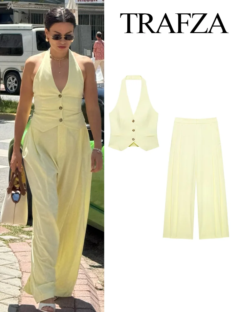 TRAFZA Women Solid Pants Suit Hanging Neck Collar Single Button Vest Top+Chic High Waist Side Pocket Zipper Double Pleated Pant
TRAFZA Women Solid Pants Suit Hanging Neck Collar Single Button Vest Top+Chic High Waist Side Pocket Zipper Double Pleated Pant