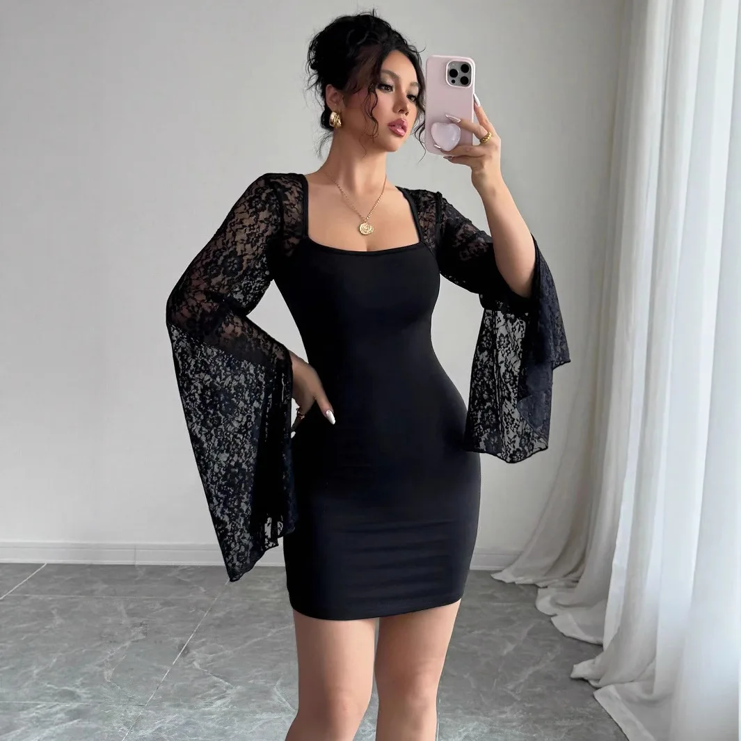 European and American 2025 autumn new style flared sleeve slit solid color square neck hip-hugging women dress
European and American 2025 autumn new style flared sleeve slit solid color square neck hip-hugging women dress
