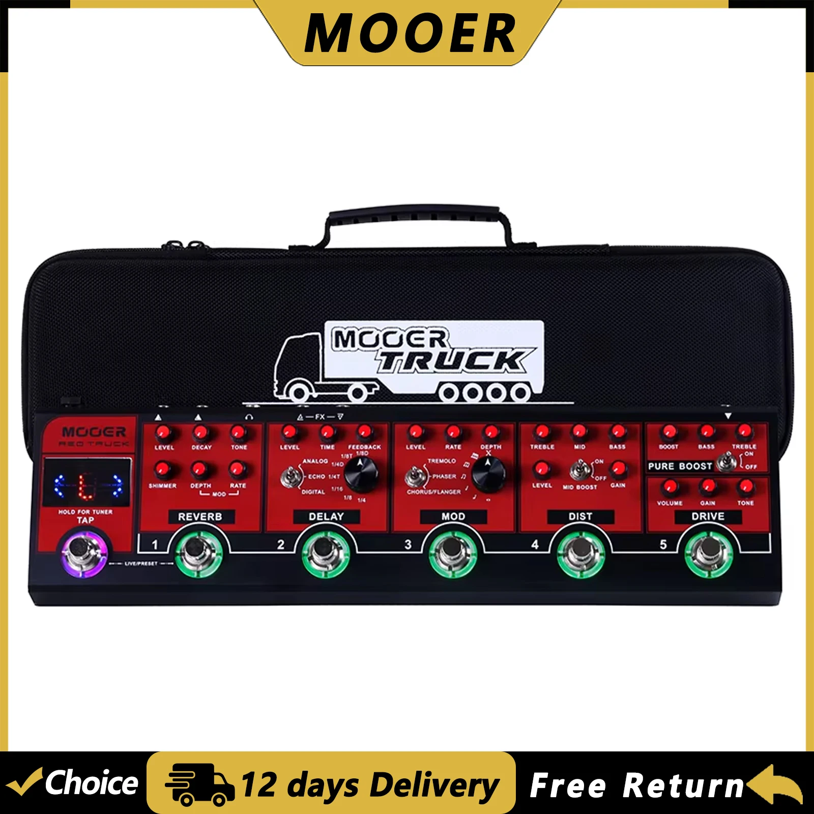 MOOER Red Truck Guitar Multi-Effects Pedal Built-in Pure Boost Drive Dist Mod Delay Reverb Tuner Effects Pedal Stereo Outputs