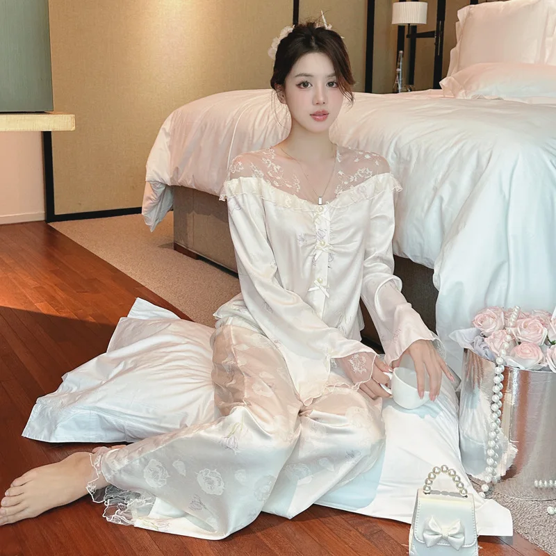 Women Jacquard Satin Pajama Casual Sleepwear Home Clothes Suit Lace V-Neck Long Sleeve Top Pants Nightwear Loungewear Pyjama
Women Jacquard Satin Pajama Casual Sleepwear Home Clothes Suit Lace V-Neck Long Sleeve Top Pants Nightwear Loungewear Pyjama