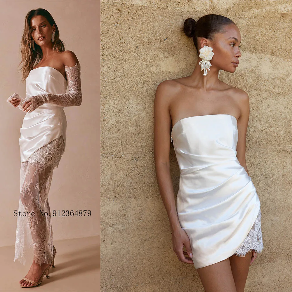 Popular Strapless Pleat Short/Mini Satin Sheath Wedding Dresses With Detachbale Lace Skirt Custom Made 2026 Rode De Morrie
Popular Strapless Pleat Short/Mini Satin Sheath Wedding Dresses With Detachbale Lace Skirt Custom Made 2026 Rode De Morrie