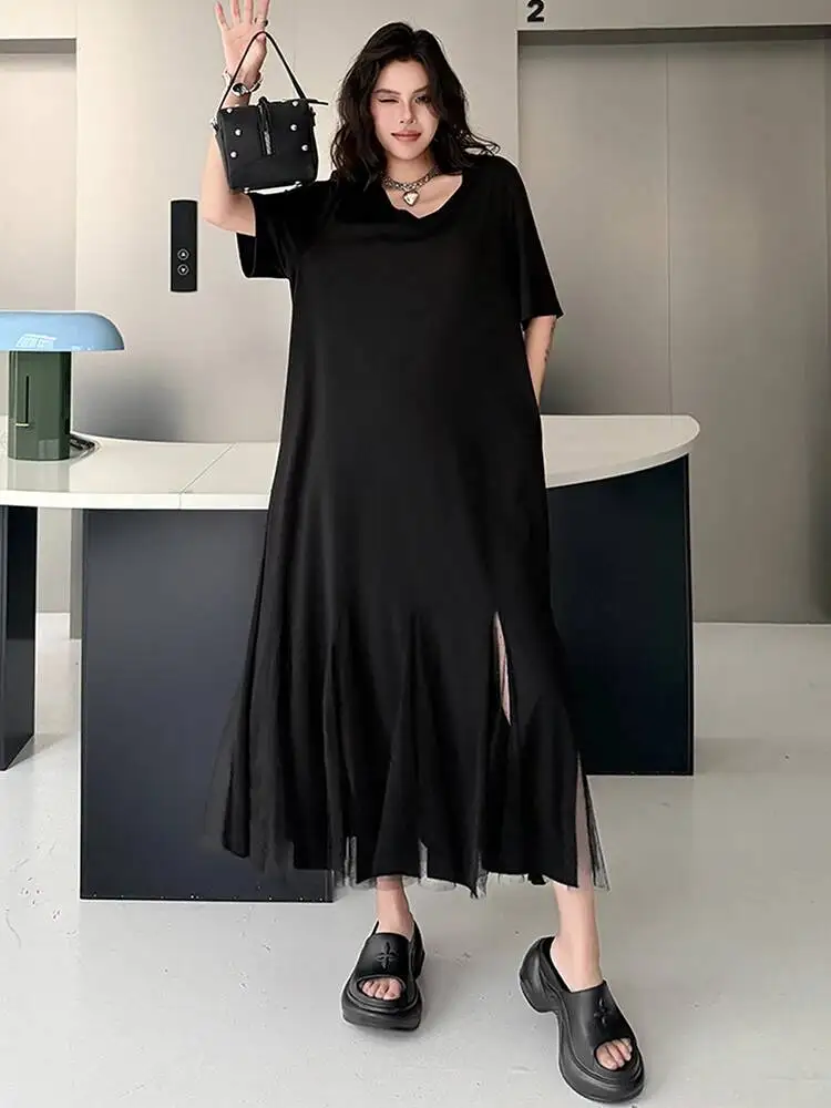 Women Black Irregular Mesh Spliced Big Size Midi Dress New Round Neck Short Sleeve Fashion Tide Spring Summer
Women Black Irregular Mesh Spliced Big Size Midi Dress New Round Neck Short Sleeve Fashion Tide Spring Summer