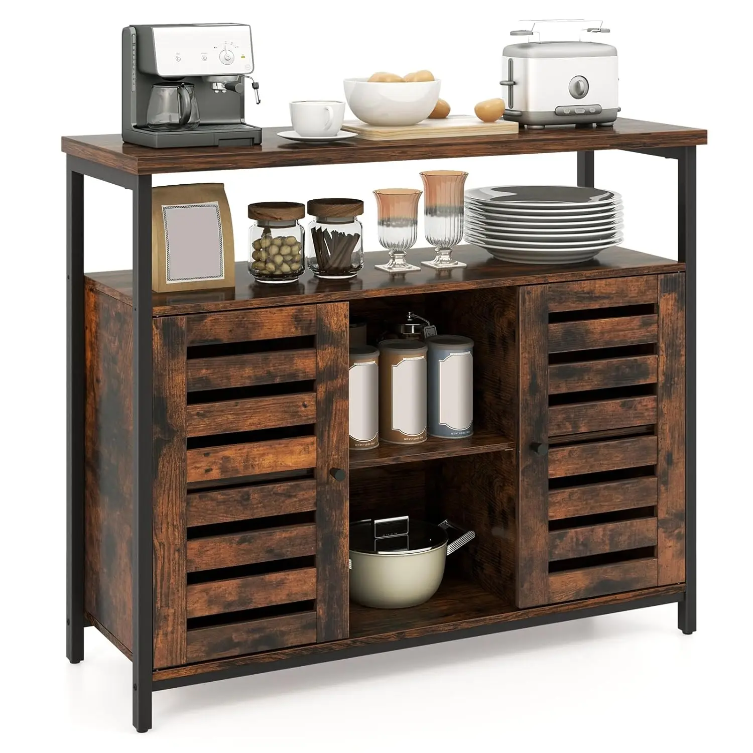 Industrial Buffet Cabinet, Sideboard Storage Cabinet With Push-to-Open Slatted Door & 3 Adjustable Shelves, Coffee, Customized
Industrial Buffet Cabinet, Sideboard Storage Cabinet With Push-to-Open Slatted Door & 3 Adjustable Shelves, Coffee, Customized