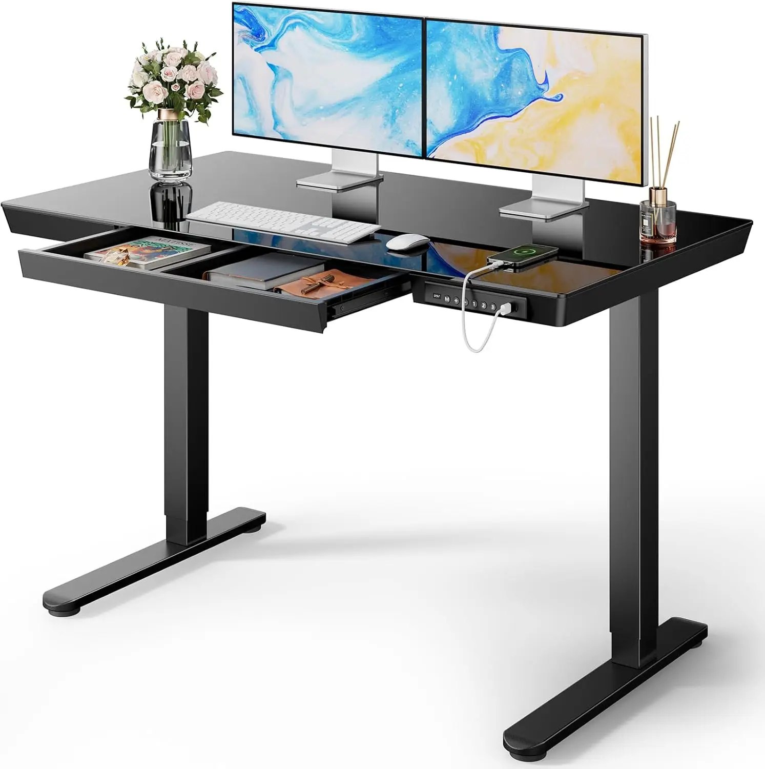 Glass Standing Desk Drawer 48 24 Inch Electric Height Adjustable Desk One Piece Tabletop USB Charging Ports Sit Stand Desk Stora
Glass Standing Desk Drawer 48 24 Inch Electric Height Adjustable Desk One Piece Tabletop USB Charging Ports Sit Stand Desk Stora