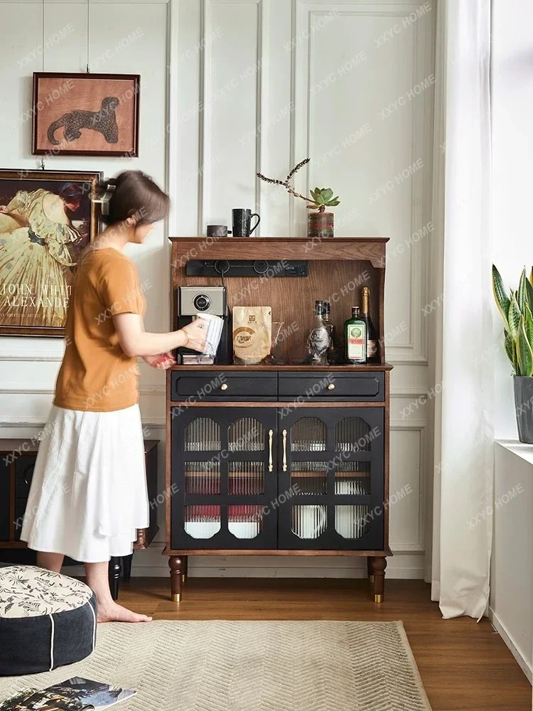 A French retro style solid wood dining side cabinet against the wall, black storage and tea cabinet
A French retro style solid wood dining side cabinet against the wall, black storage and tea cabinet