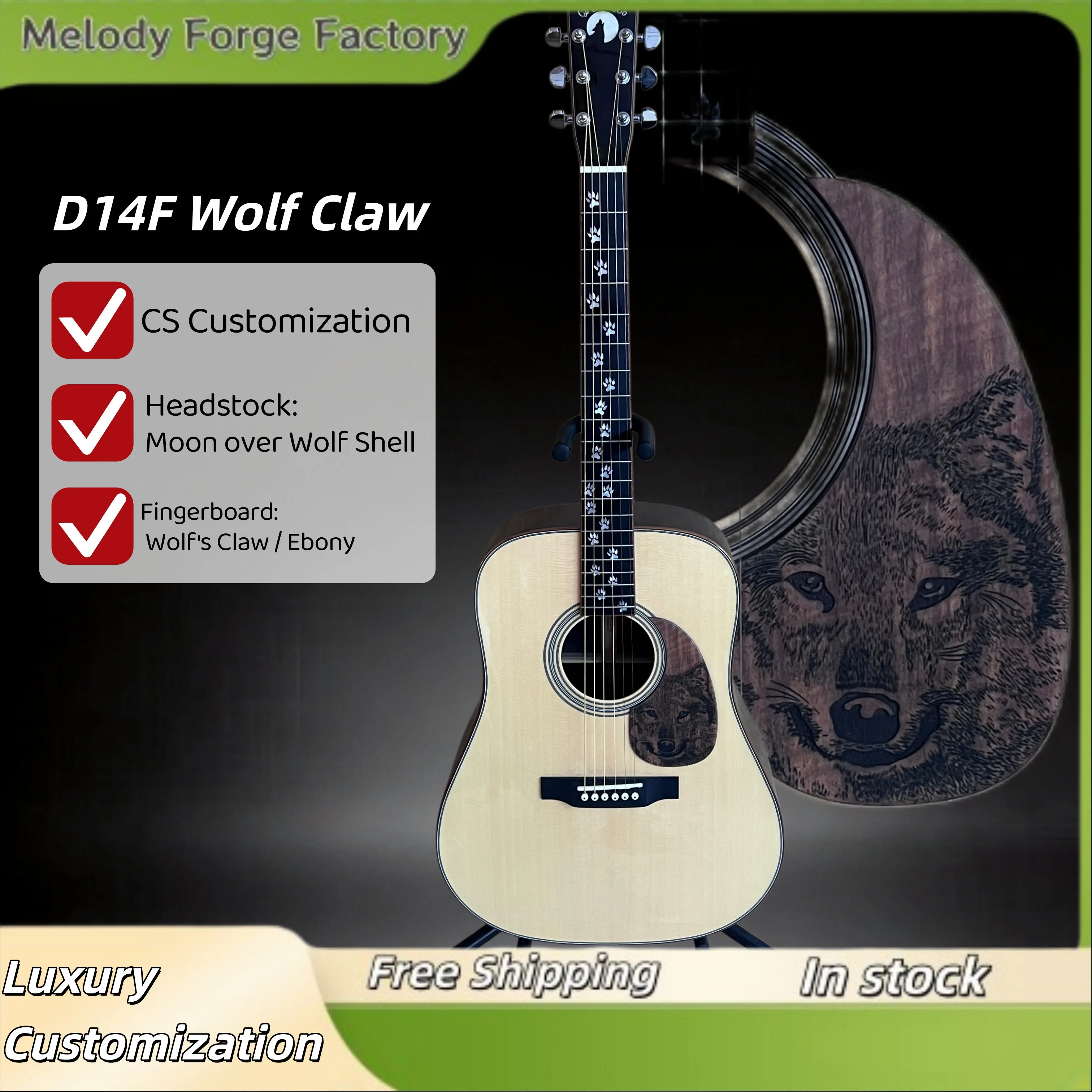 D14F Wolf Custom Acoustic Guitar Sitka Spruce Wild Rosewood Wolf Themed Inlay Flame Koa Binding Nitrocellulose Finish
D14F Wolf Custom Acoustic Guitar Sitka Spruce Wild Rosewood Wolf Themed Inlay Flame Koa Binding Nitrocellulose Finish