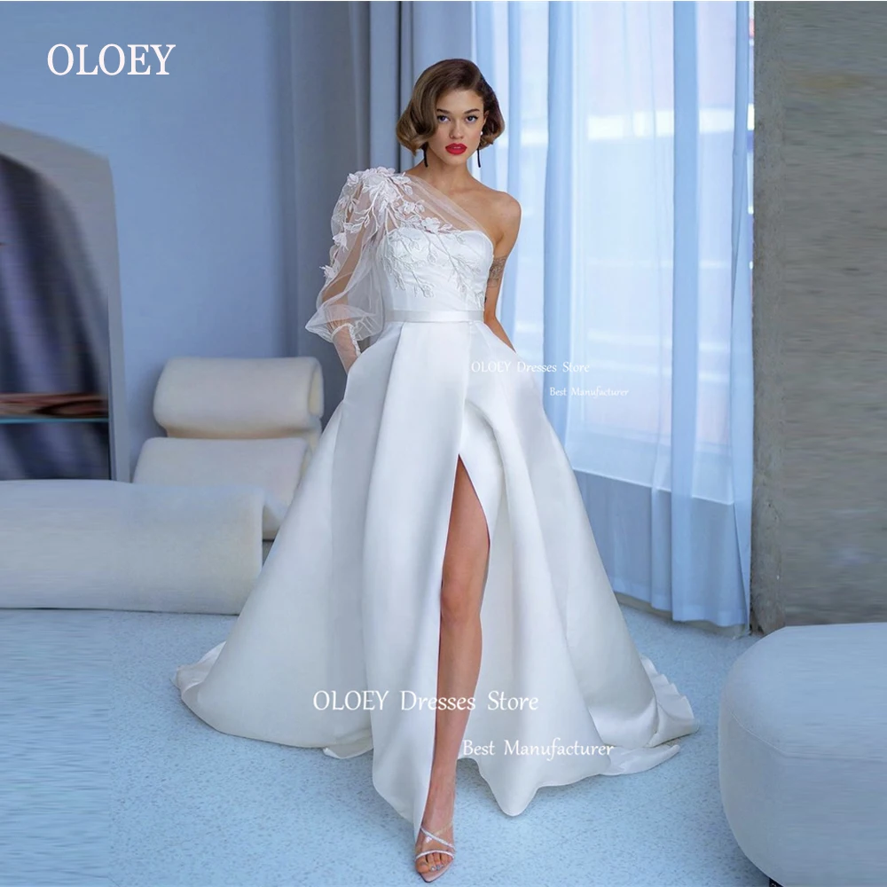 OLOEY Romantic Vintage A Line Soft Satin Wedding Dresses One Shoulder Long Sleeve Applique Floral Bridal Gowns Robe de mariage
OLOEY Romantic Vintage A Line Soft Satin Wedding Dresses One Shoulder Long Sleeve Applique Floral Bridal Gowns Robe de mariage