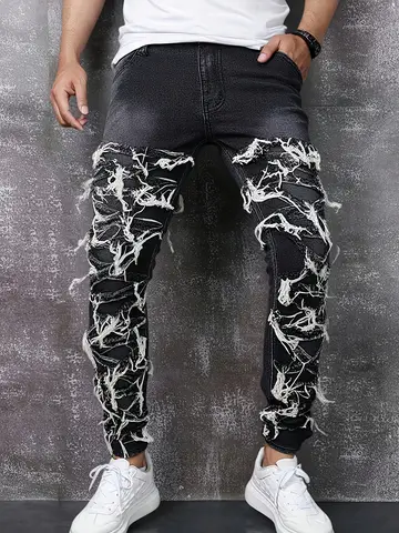 Men's jeans street style patchwork fringe jeans long