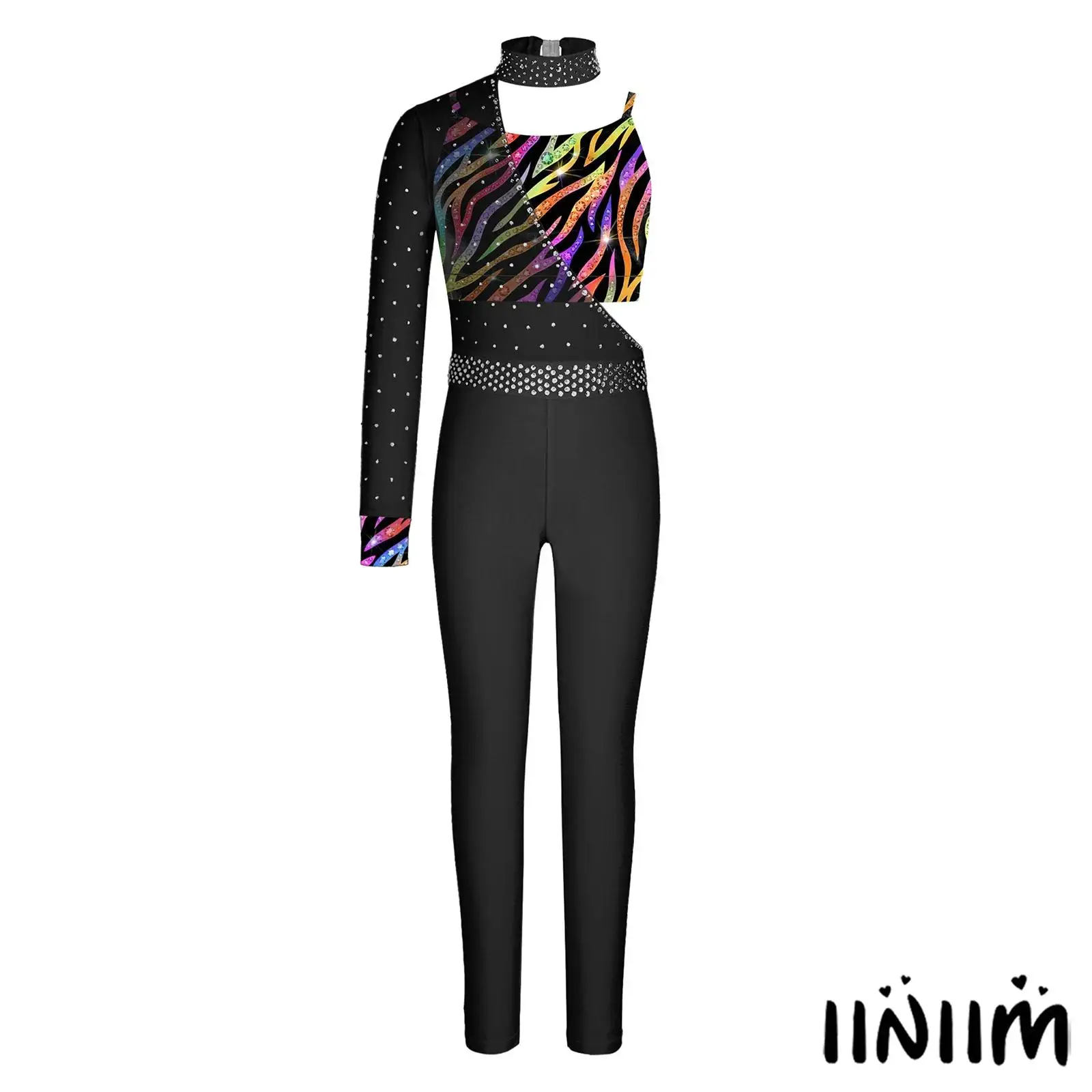 Girls Latin Jazz Dance Outfit Asymmetrical One Shoulder Rhinestone Mesh Jumpsuit Rompers with Spaghetti Strap Printed Vest Top
Girls Latin Jazz Dance Outfit Asymmetrical One Shoulder Rhinestone Mesh Jumpsuit Rompers with Spaghetti Strap Printed Vest Top