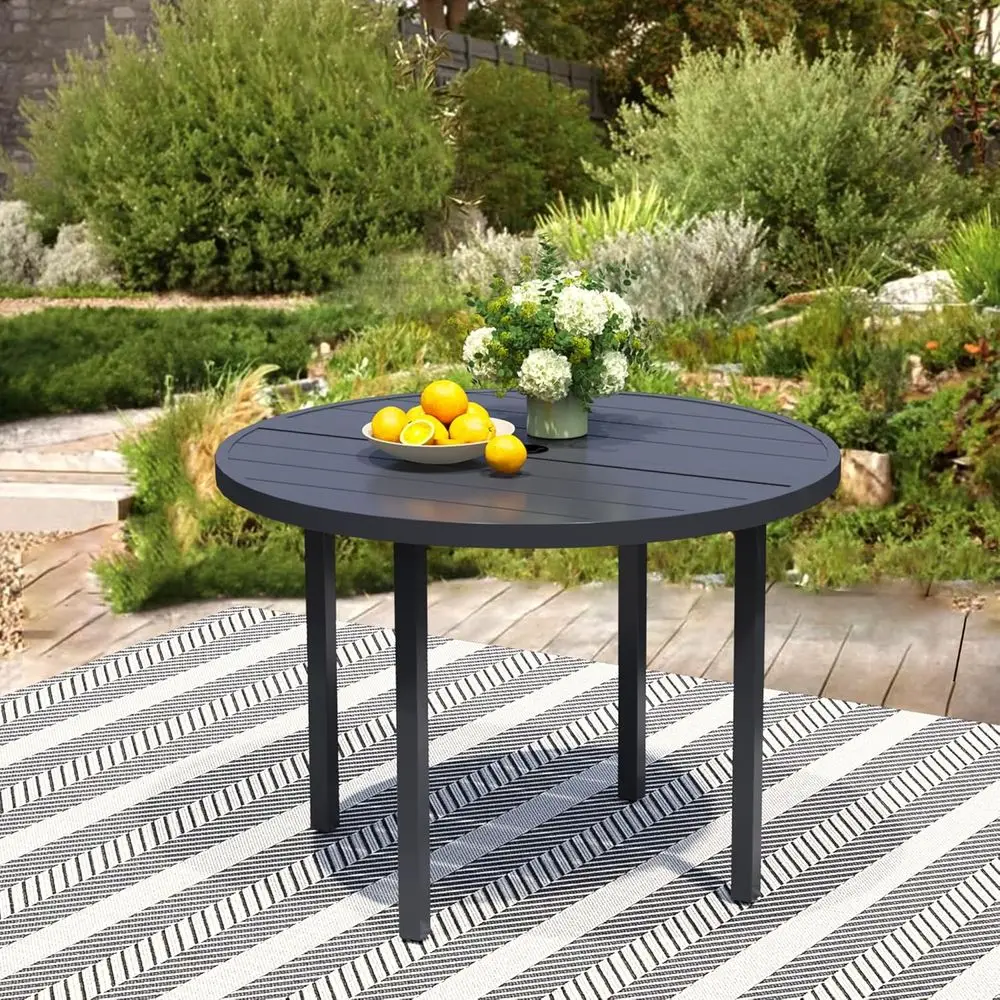 42 Black Metal Patio Dining Table with Umbrella Hole, Outdoor 4-Seater for Garden and Deck
42 Black Metal Patio Dining Table with Umbrella Hole, Outdoor 4-Seater for Garden and Deck