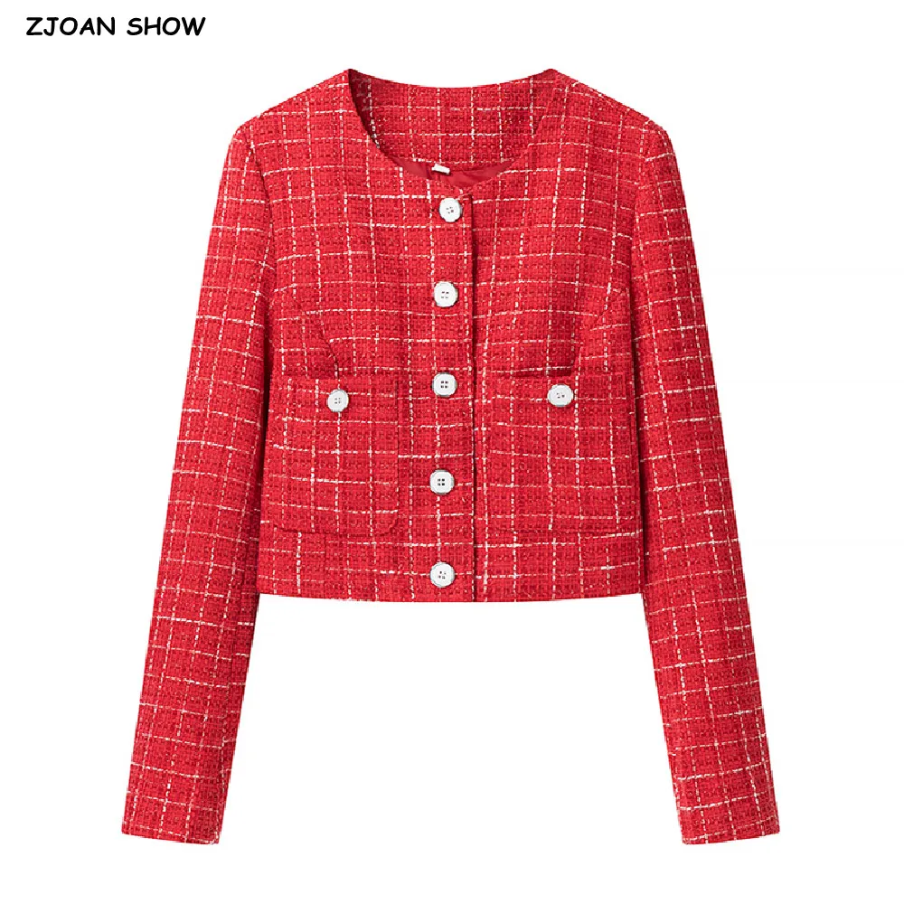 2025 Spring O neck Red Plaid Tweed Coat Cropped Vintage Women Front Pocket Single-Breasted Buttons Short Blazer Elegant Jacket
2025 Spring O neck Red Plaid Tweed Coat Cropped Vintage Women Front Pocket Single-Breasted Buttons Short Blazer Elegant Jacket