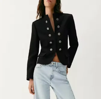 Stand Collar Double-Breasted Jacket Decorative Strap Shoulder Pads Slim Fit Cropped Elegant Office Women Outerwear
Stand Collar Double-Breasted Jacket Decorative Strap Shoulder Pads Slim Fit Cropped Elegant Office Women Outerwear
