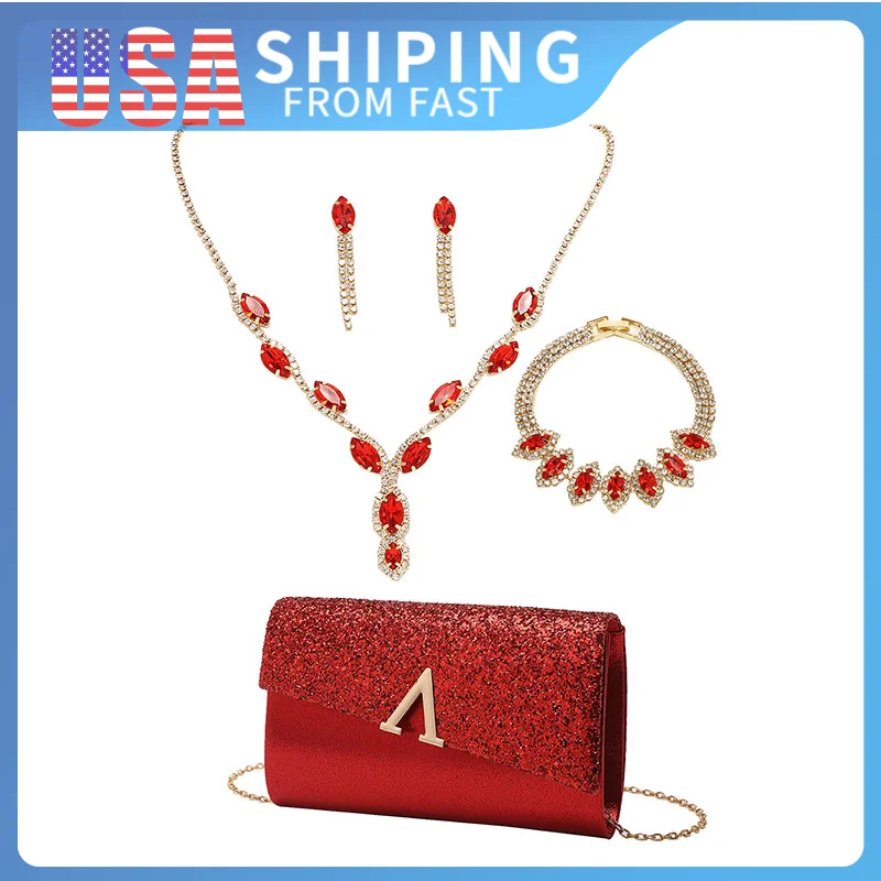 4pcs Set Shoulder Wedding Purse Evening Banquet Handbag Women Elegant Sparkly Flap Clutch Bag With Necklace, Earrings ,Bracelet
4pcs Set Shoulder Wedding Purse Evening Banquet Handbag Women Elegant Sparkly Flap Clutch Bag With Necklace, Earrings ,Bracelet