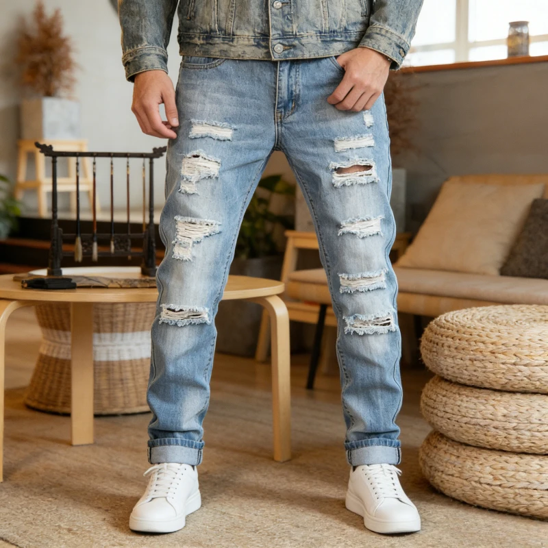 Pencil Pants Men Hole Jeans Stretch Mid Waist Washed Pockets Streetwear Skinny Ankle Length Trousers Straight Denims Distressed
Pencil Pants Men Hole Jeans Stretch Mid Waist Washed Pockets Streetwear Skinny Ankle Length Trousers Straight Denims Distressed