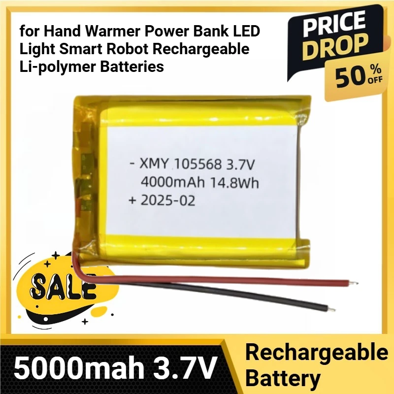 105568 Lithium Polymer 5000mah 3.7V Battery for Hand Warmer Power Bank LED Light Smart Robot Rechargeable Li-polymer Batteries
105568 Lithium Polymer 5000mah 3.7V Battery for Hand Warmer Power Bank LED Light Smart Robot Rechargeable Li-polymer Batteries