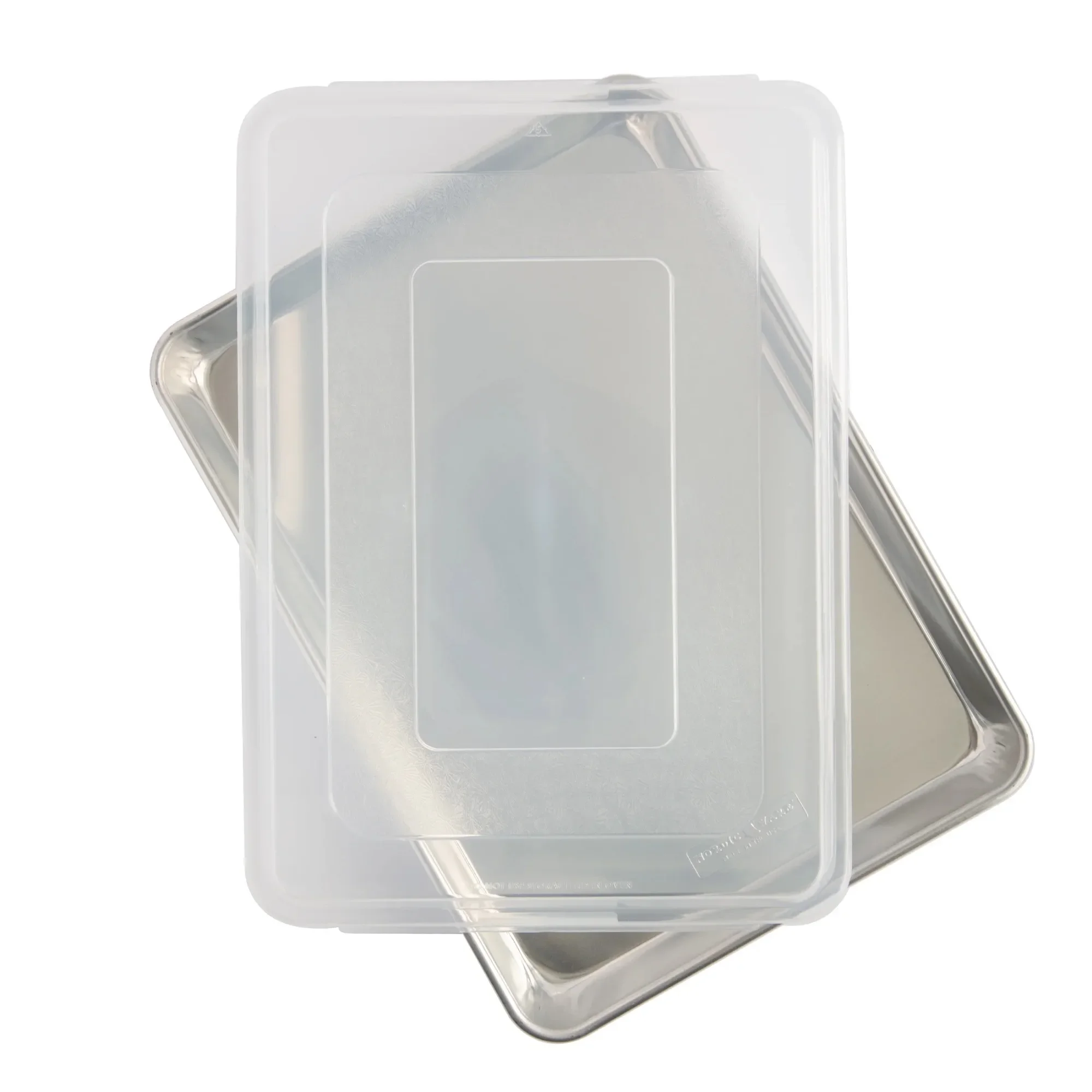 Two-piece aluminum high-sided half baking pan (with lid) with reinforced encapsulated steel ring to prevent warping 
Two-piece aluminum high-sided half baking pan (with lid) with reinforced encapsulated steel ring to prevent warping
