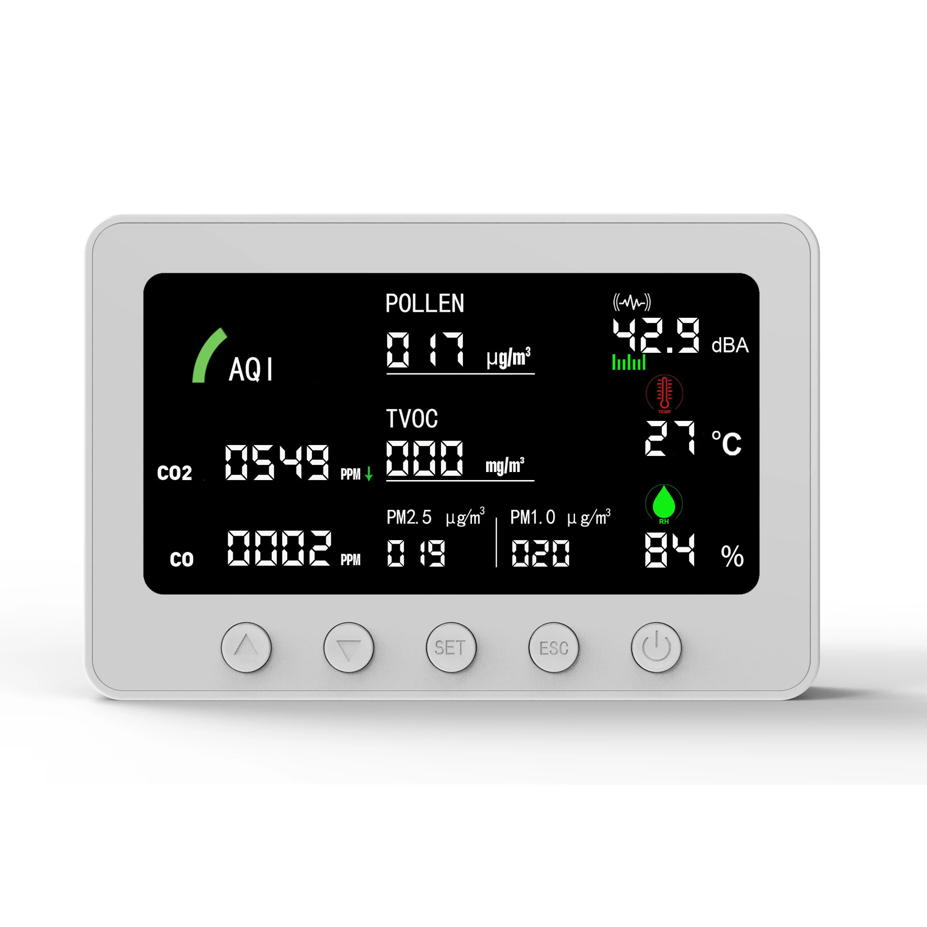 Tuya Smart WiFi 9-in-1 IAQ Monitor - Air Quality Detector for PM2.5 CO2 HCHO TVOC AQI Noise
Tuya Smart WiFi 9-in-1 IAQ Monitor - Air Quality Detector for PM2.5 CO2 HCHO TVOC AQI Noise