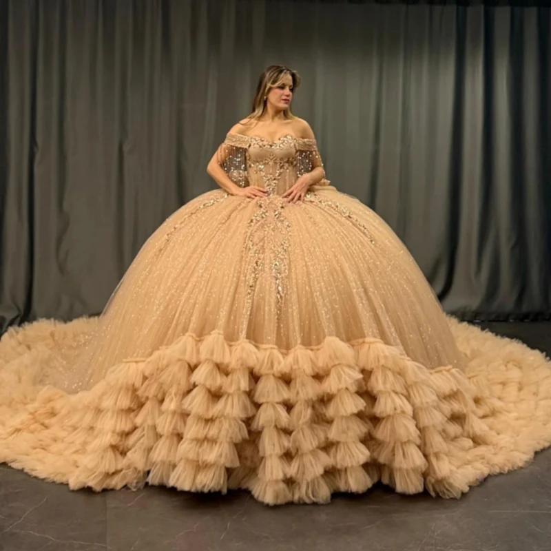 Champagne Shiny Quinceanera Dresses Ball Gown Off The Shoulder Applique Lace Beading Crystal Bow Tiered Tull Corset Party Birthd
Champagne Shiny Quinceanera Dresses Ball Gown Off The Shoulder Applique Lace Beading Crystal Bow Tiered Tull Corset Party Birthd