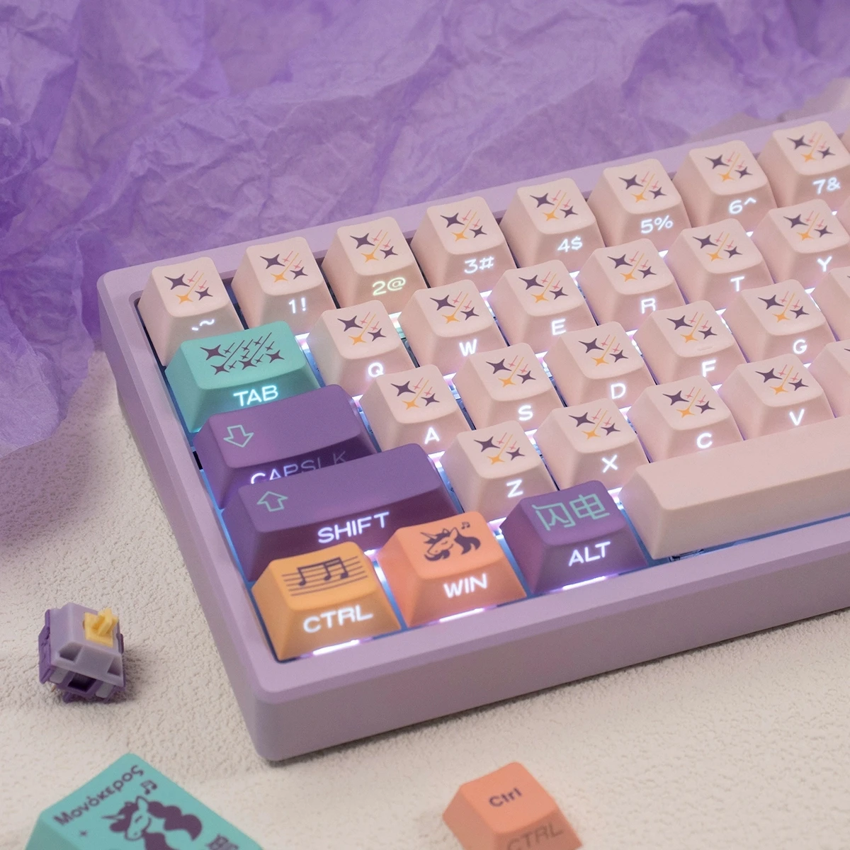 One-angle theme is engraved/side-transparent mechanical keyboard keycaps, full set of PBT hot sublimation cherry original height
One-angle theme is engraved/side-transparent mechanical keyboard keycaps, full set of PBT hot sublimation cherry original height