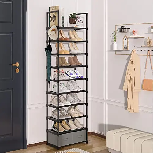 10-Level Slim Metal Shoe Storage Shelf With Two Drawers And One Hanging Hook For Entryway Or Closet Organization
10-Level Slim Metal Shoe Storage Shelf With Two Drawers And One Hanging Hook For Entryway Or Closet Organization