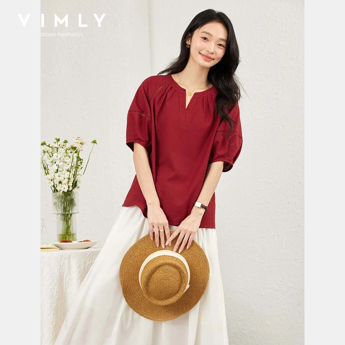 VIMLY Women's Red Short Sleeve Shirt 2025 Summer Casual V-neck Hollow Out Pleated Shoulder Loose Holiday Women Blouse A2051
VIMLY Women's Red Short Sleeve Shirt 2025 Summer Casual V-neck Hollow Out Pleated Shoulder Loose Holiday Women Blouse A2051