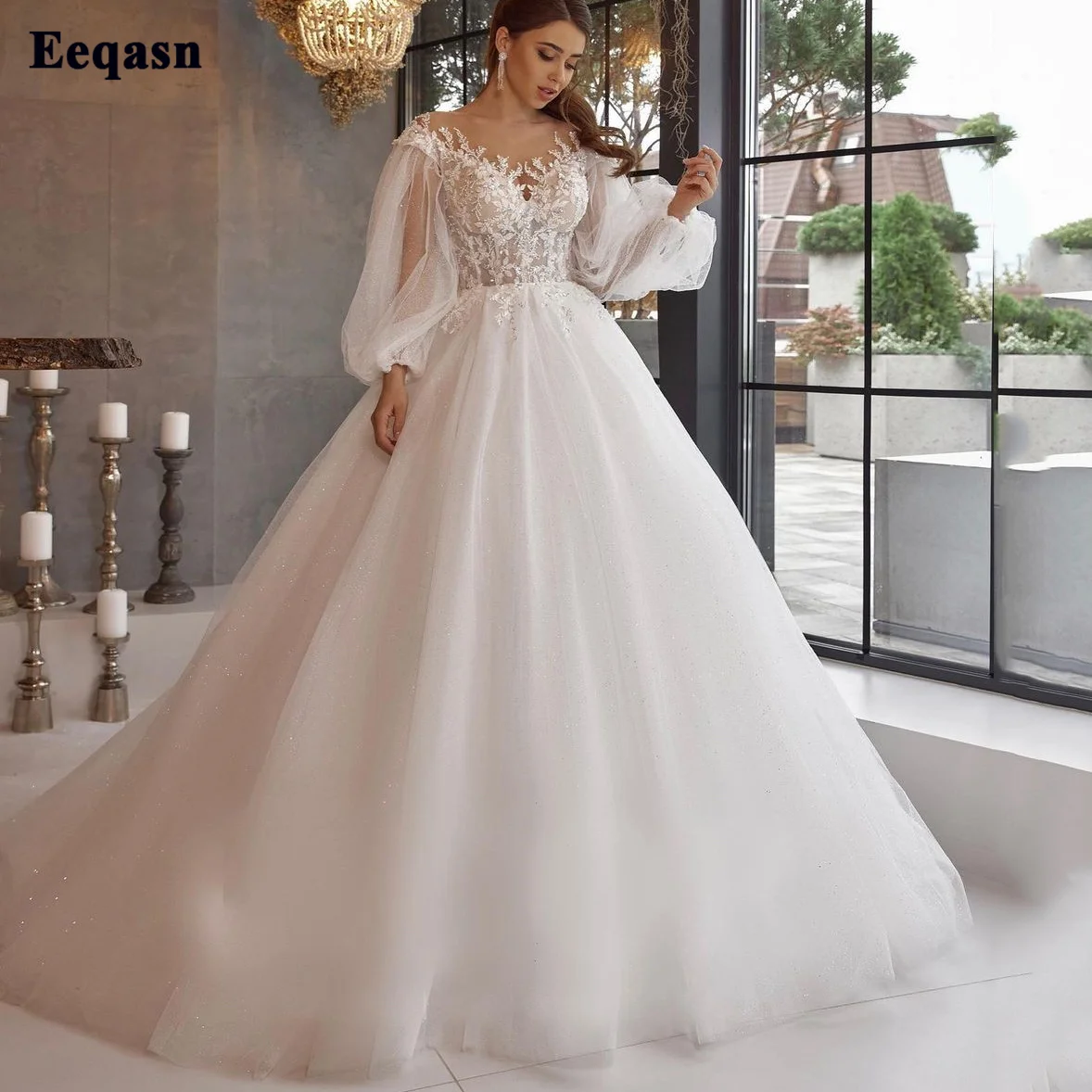 Eeqasn Ball Gown Shiny Tulle Bride Wedding Dresses Puff Long Sleeves Applique Lace Sheer O-Neck Princess Wedding Party Gowns
Eeqasn Ball Gown Shiny Tulle Bride Wedding Dresses Puff Long Sleeves Applique Lace Sheer O-Neck Princess Wedding Party Gowns