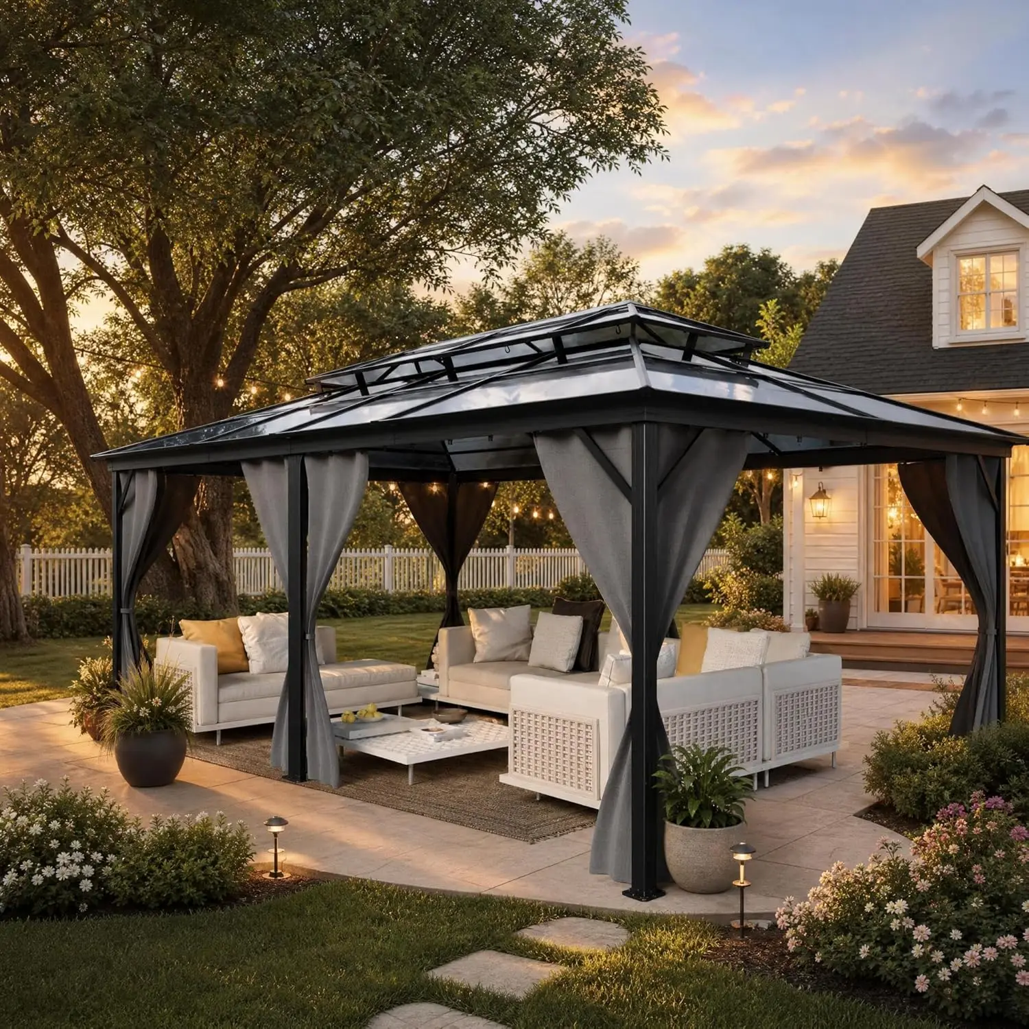 Hardtop Gazebo with Polycarbonate Double Roof, Aluminum Frame Permanent Pavilion with Curtains and Netting, Outdoor, Custom
Hardtop Gazebo with Polycarbonate Double Roof, Aluminum Frame Permanent Pavilion with Curtains and Netting, Outdoor, Custom