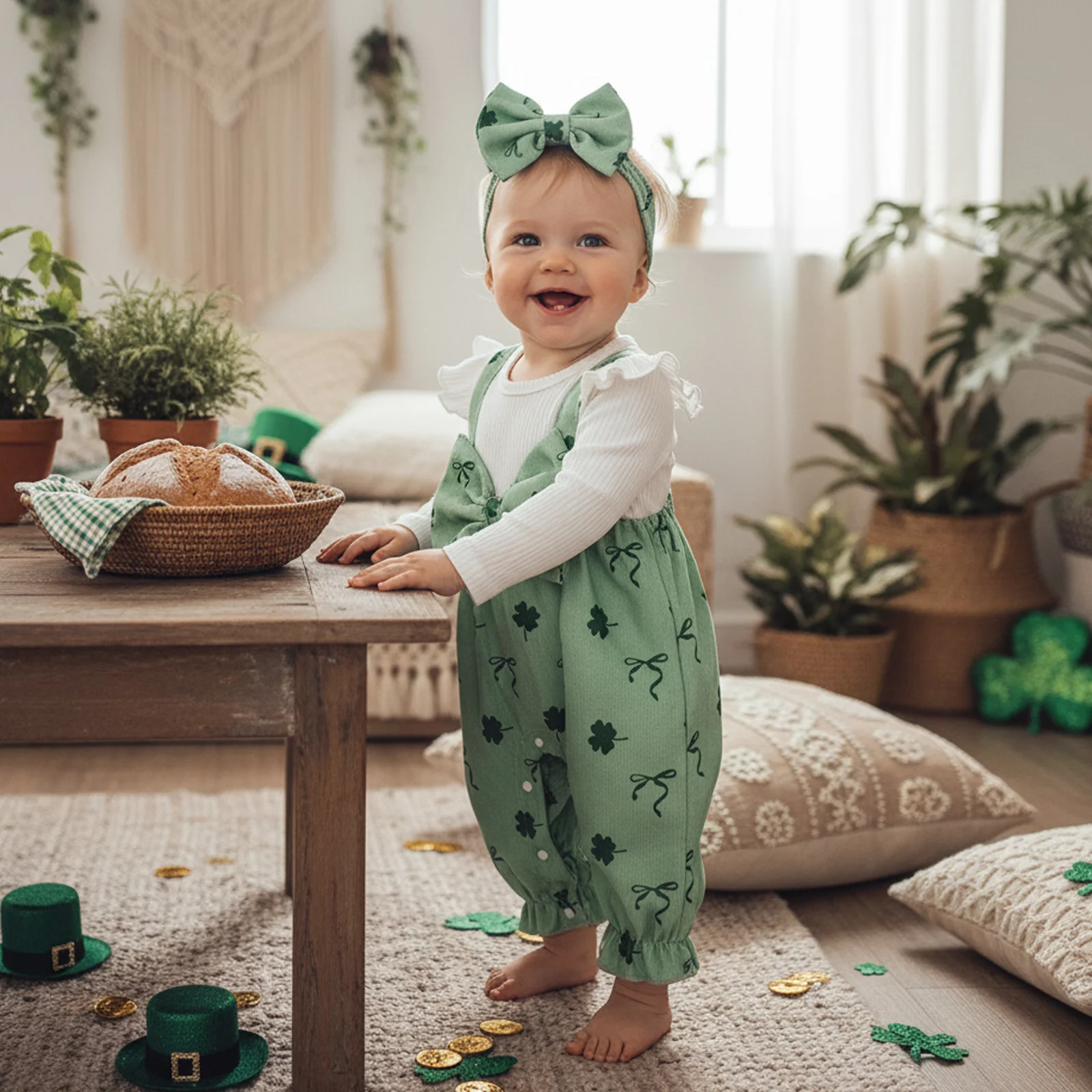 Baby Girl Irish Romper Clover Bow Print Long Sleeve Fake Two Piece Bow Jumpsuit Headbands 2 Piece Outfits 0-12M
Baby Girl Irish Romper Clover Bow Print Long Sleeve Fake Two Piece Bow Jumpsuit Headbands 2 Piece Outfits 0-12M