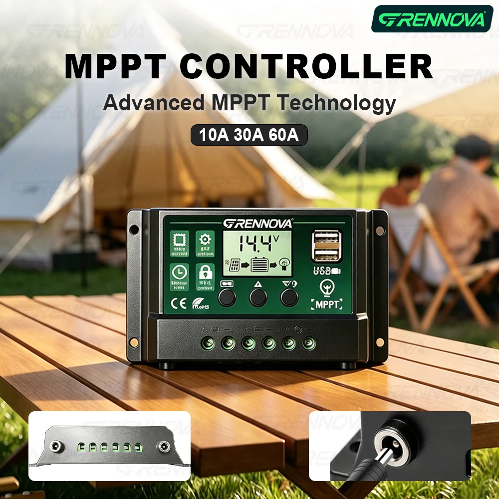 GRENNOVA MPPT Solar Controller 12V/24V Recognition Auto Sensing System with Dual USB and LCD for Off-Grid RV Use 10A 30A 60A
