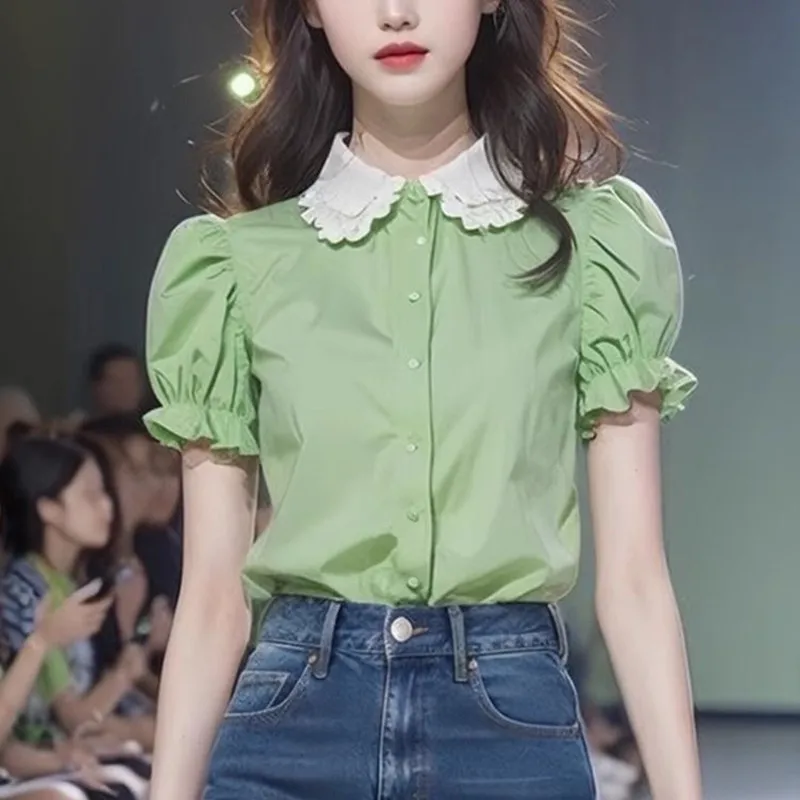 Summer New Flare Short Sleeve Fashion Women's Wear Office Lady Single Breasted Female Peter Pan Collar Casual Shirt
Summer New Flare Short Sleeve Fashion Women's Wear Office Lady Single Breasted Female Peter Pan Collar Casual Shirt