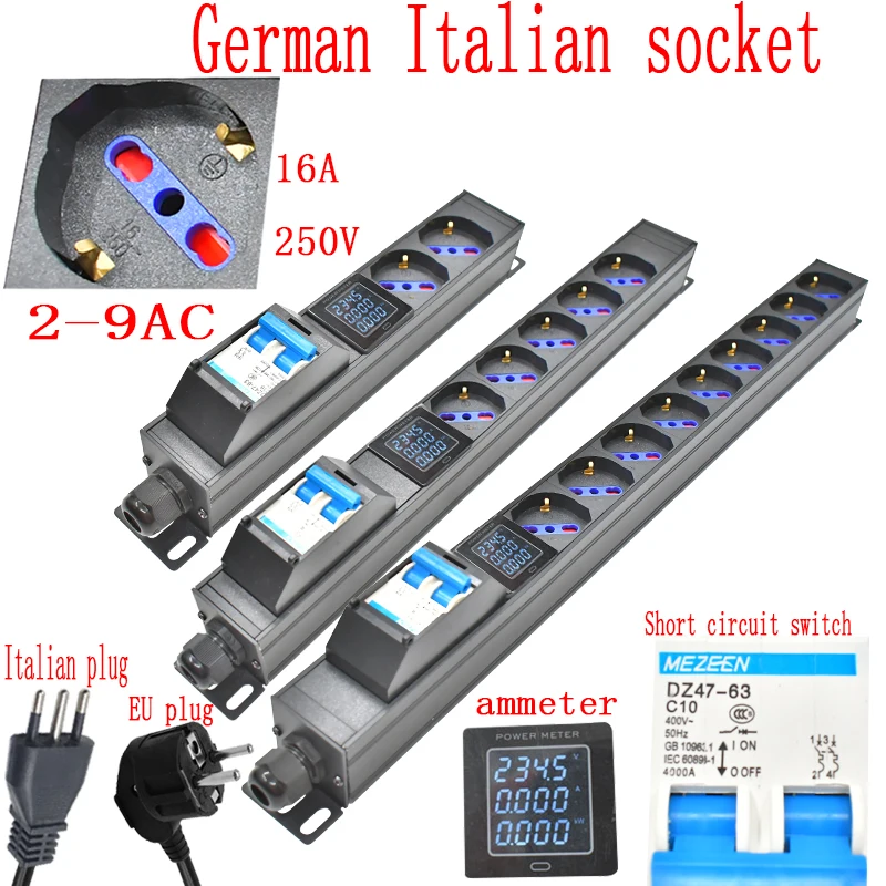 Aluminum alloy PDU power board 2-9 units 16A 4000W short circuit switch German Italian socket 2m power cord With ammeter
Aluminum alloy PDU power board 2-9 units 16A 4000W short circuit switch German Italian socket 2m power cord With ammeter