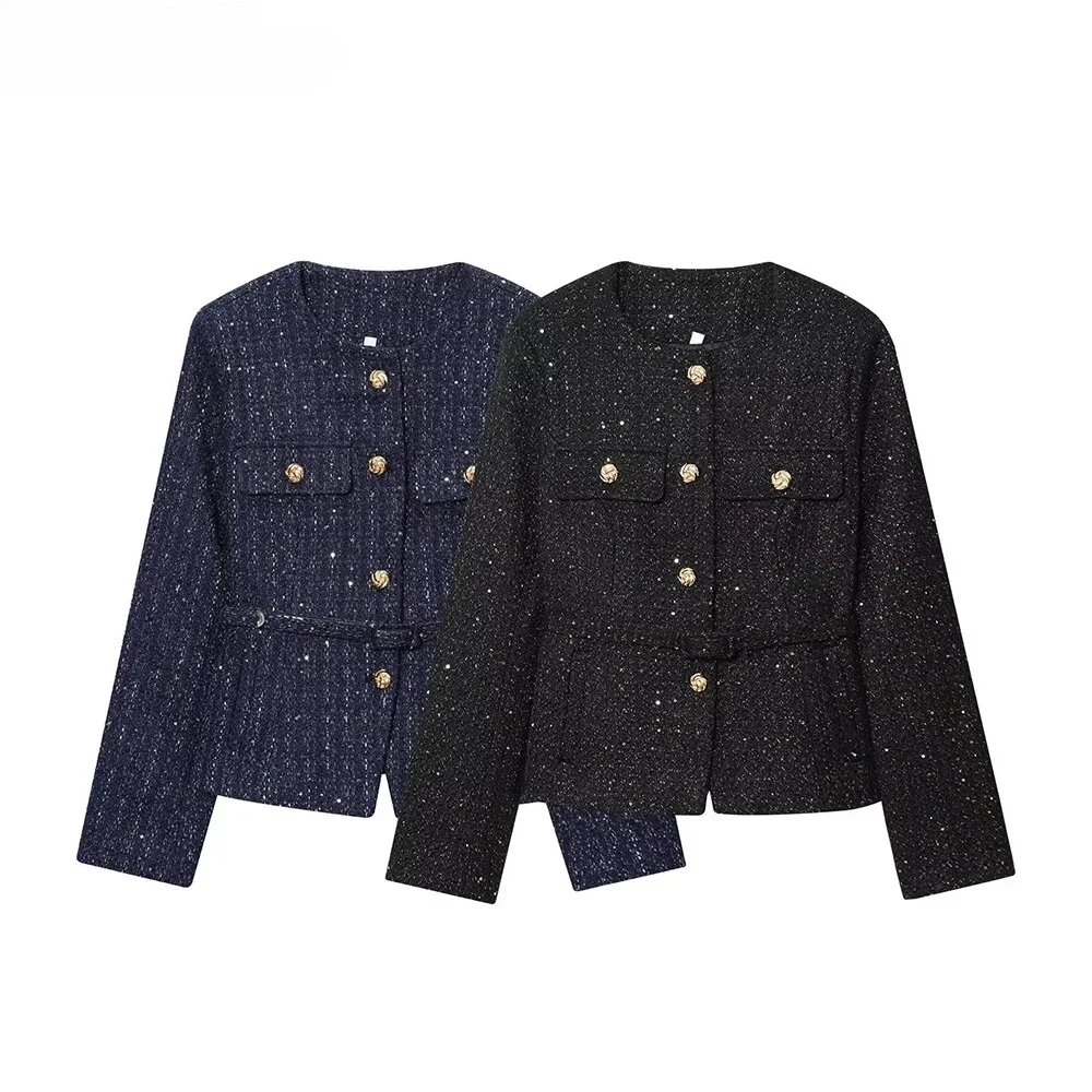Новая женская маленькая куртка в ароматном стиле с блестками и круглым вырезом, с длинными рукавами, однобортная осенняя новая модная куртка
Новая женская маленькая куртка в ароматном стиле с блестками и круглым вырезом, с длинными рукавами, однобортная осенняя новая модная куртка
