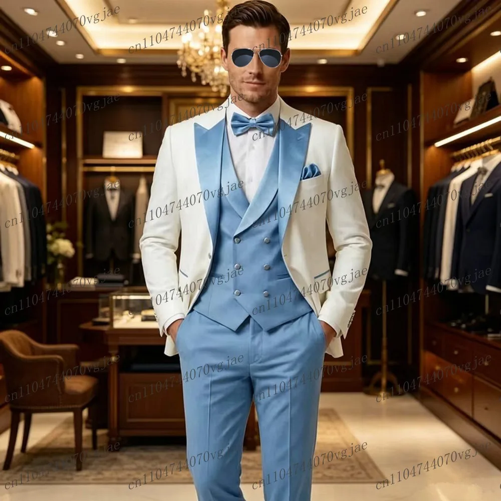 Blue And White Men Suit Formal Wedding Party Groom Business Male Tuxedos Customized 3 Piece Set Jacket Vest Pants
Blue And White Men Suit Formal Wedding Party Groom Business Male Tuxedos Customized 3 Piece Set Jacket Vest Pants