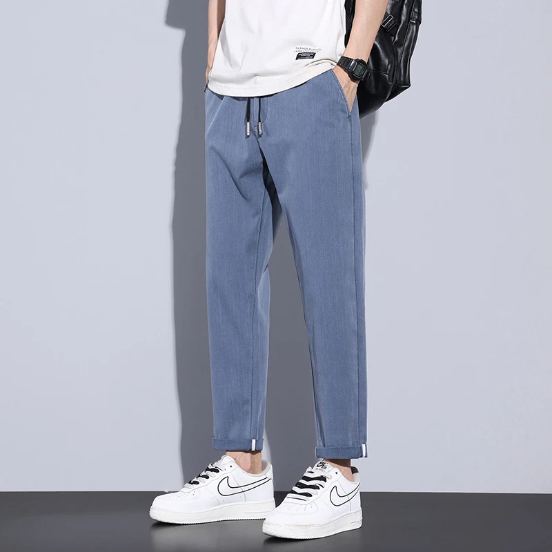 Summer Soft Cotton Imitate Men's Jeans Thin Slim Fit Straight Pants Drawstring Elastic Waist Korea Casual Cropped Pants
Summer Soft Cotton Imitate Men's Jeans Thin Slim Fit Straight Pants Drawstring Elastic Waist Korea Casual Cropped Pants