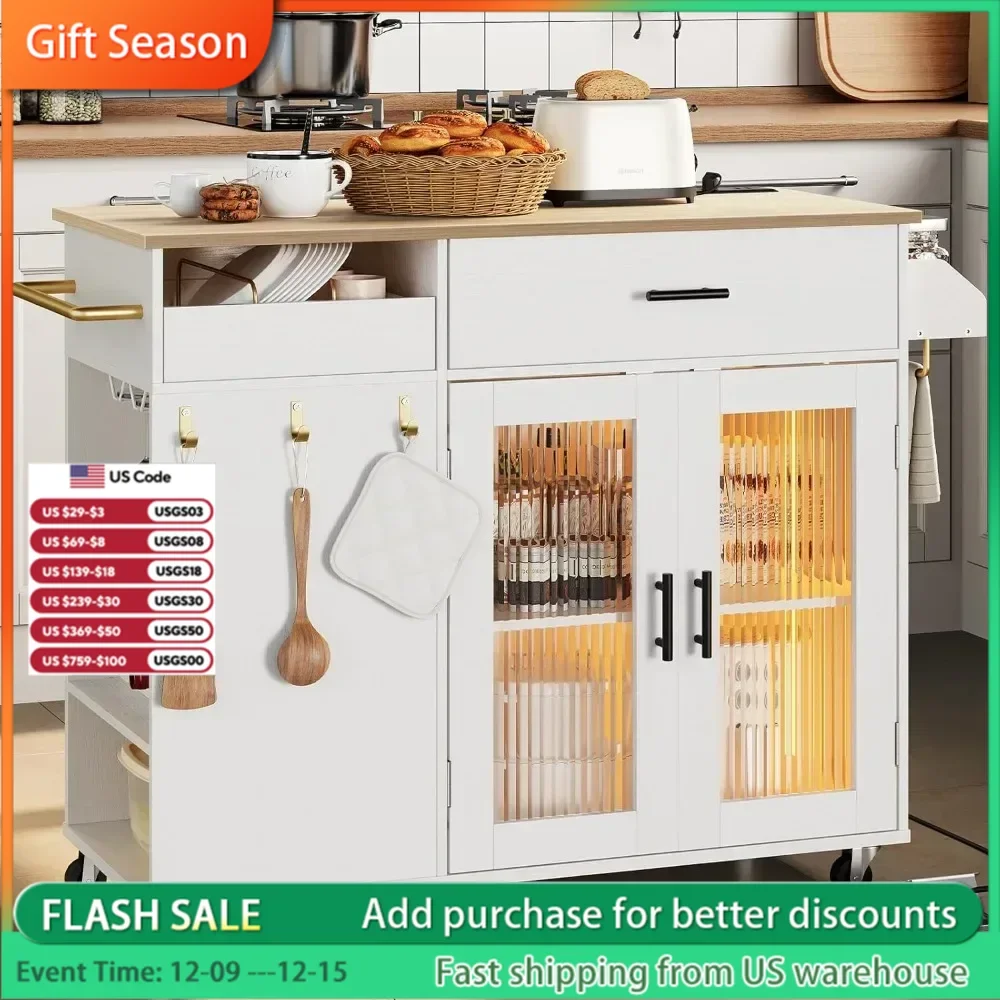 Kitchen Island with Power Outlet, Kitchen Island on Wheels, Rolling Kitchen Island Cart with Led Light, Large Worktop, Drawer
Kitchen Island with Power Outlet, Kitchen Island on Wheels, Rolling Kitchen Island Cart with Led Light, Large Worktop, Drawer