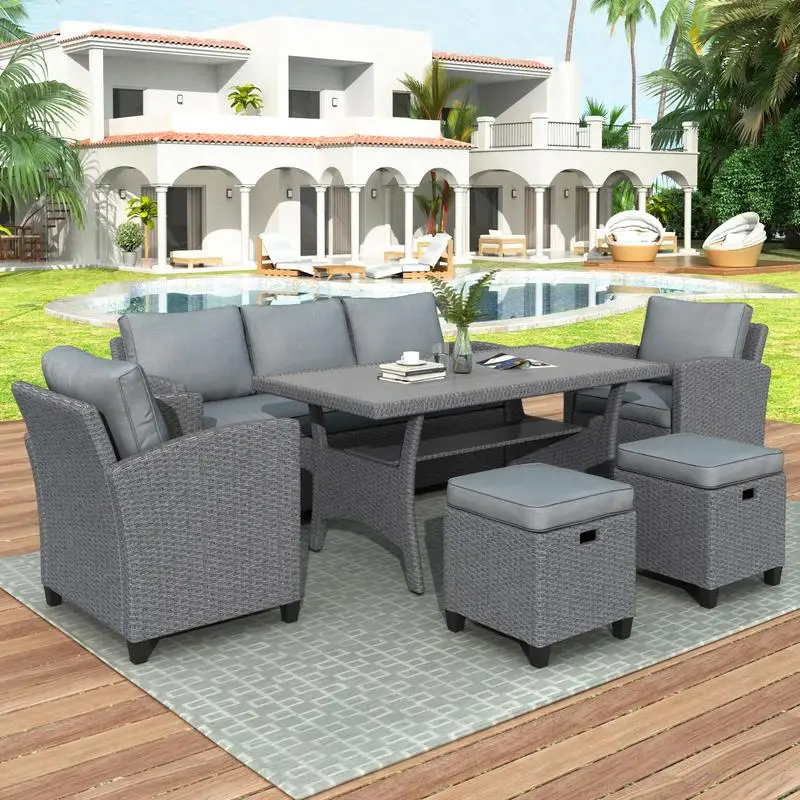 6-Piece Outdoor Rattan Wicker Patio Set, Sofa, Chairs, Stools & Table, Gray Finish for Garden & Backyard
6-Piece Outdoor Rattan Wicker Patio Set, Sofa, Chairs, Stools & Table, Gray Finish for Garden & Backyard