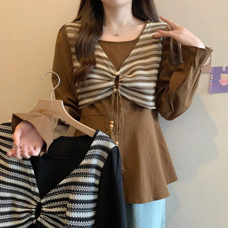 Fake Two Pieces O-Neck T-shirts Spring Autumn New Fashion Patchwork Drawstring Women's Clothing Striped Vintage Casual Pullovers
Fake Two Pieces O-Neck T-shirts Spring Autumn New Fashion Patchwork Drawstring Women's Clothing Striped Vintage Casual Pullovers