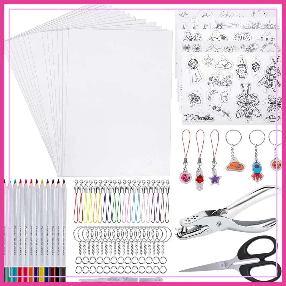 125Pcs Shrink Art Kit: Shrinky Film Sheets, Keychain Supplies, Hole Punch, Pencils, Tweezers, Scissors
125Pcs Shrink Art Kit: Shrinky Film Sheets, Keychain Supplies, Hole Punch, Pencils, Tweezers, Scissors