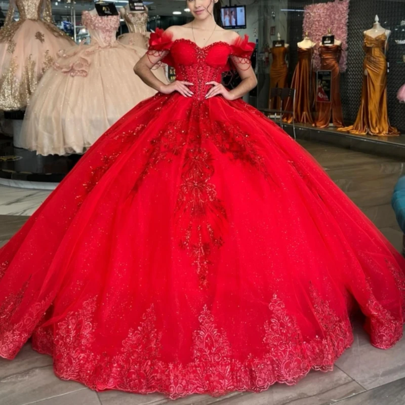 Red Shiny Quinceanera Dresses Ball Gown Off The Shoulder Applique Lace Beading Crystal Tull Corset Party Birthday Sweet 16 Dress
Red Shiny Quinceanera Dresses Ball Gown Off The Shoulder Applique Lace Beading Crystal Tull Corset Party Birthday Sweet 16 Dress