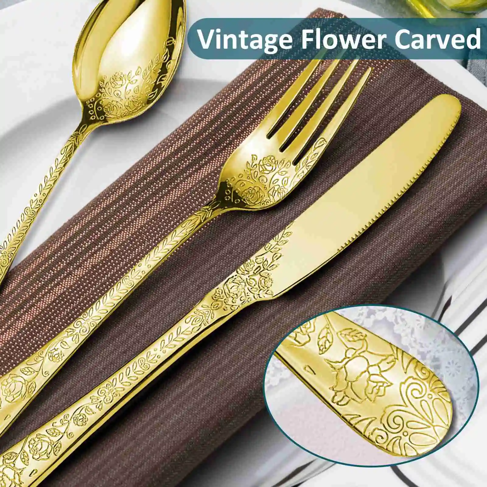 Vintage Carved Gold Stainless Steel 20 Pieces Flatware Set Golden Silverware Set Modern Embossed Cutlery Set
Vintage Carved Gold Stainless Steel 20 Pieces Flatware Set Golden Silverware Set Modern Embossed Cutlery Set