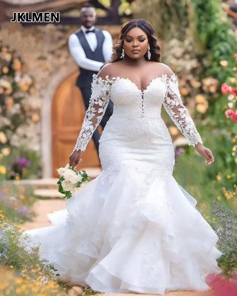 Mermaid Aso Ebi Plus Size White Lace Wedding Dress Sexy Sweetheart Transparent Collar Long Sleeve Wedding Dress Customized
Mermaid Aso Ebi Plus Size White Lace Wedding Dress Sexy Sweetheart Transparent Collar Long Sleeve Wedding Dress Customized