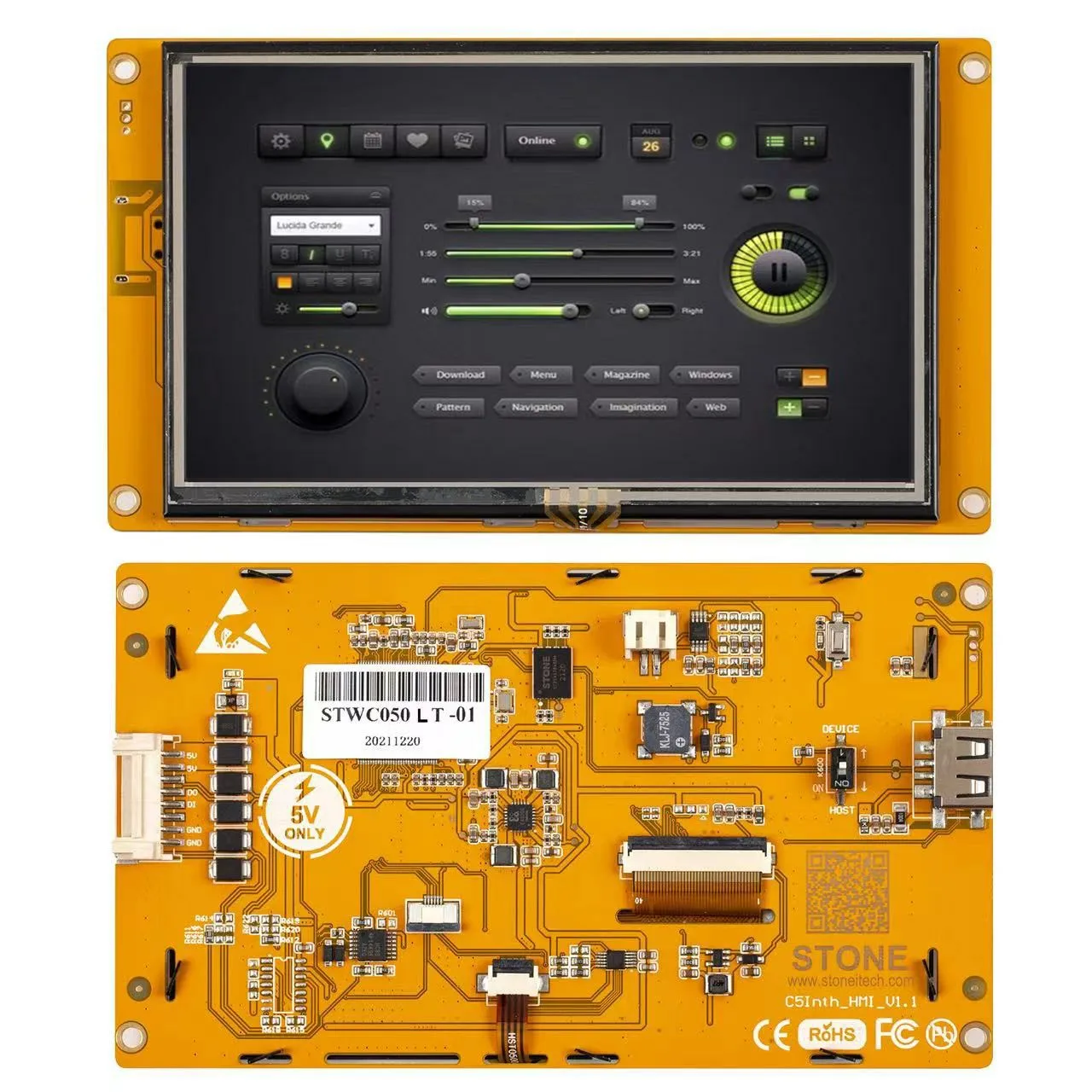 5 Inch HMI Graphic Touch Screen with Controller + Program + UART Serial Interface for Industrial Equipment
5 Inch HMI Graphic Touch Screen with Controller + Program + UART Serial Interface for Industrial Equipment